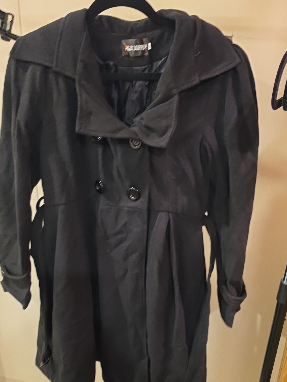 Women's Black Double-Breasted Peacoat with Wide Collar